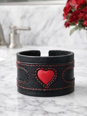 🖤Handmade Black Leather Heart Cuff Bracelet  Double Silver Buckles  Adjustable